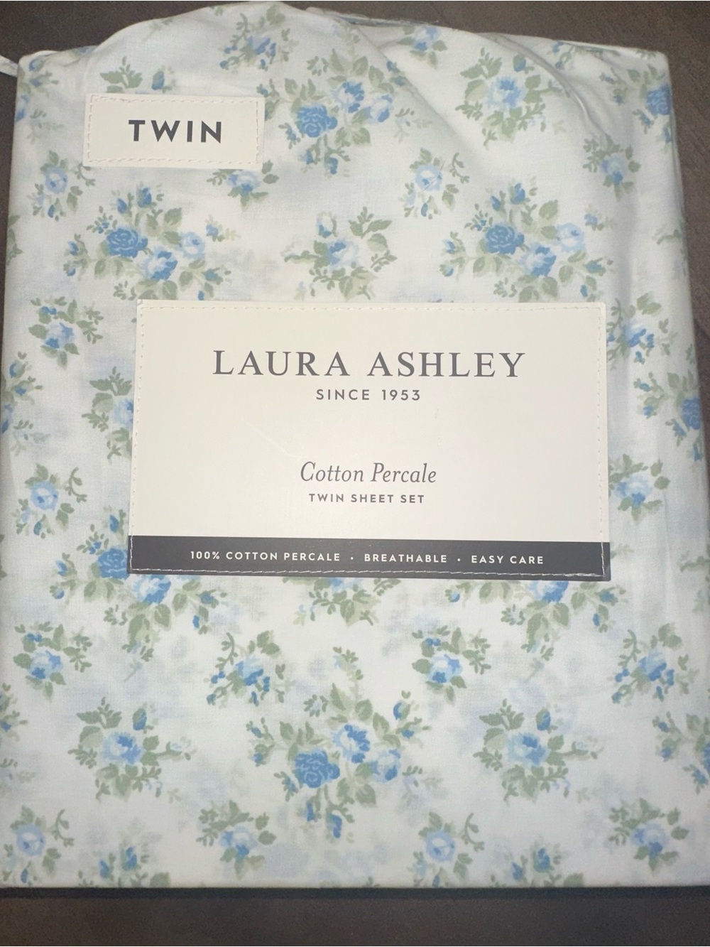 NWT Laura Ashley Twin Sheet Set Cotton Percale Blue Floral Cottagecore